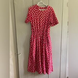 Vintage LANDS END Women Dress M Red White Nautical Boat Print Short Sleeve Sail